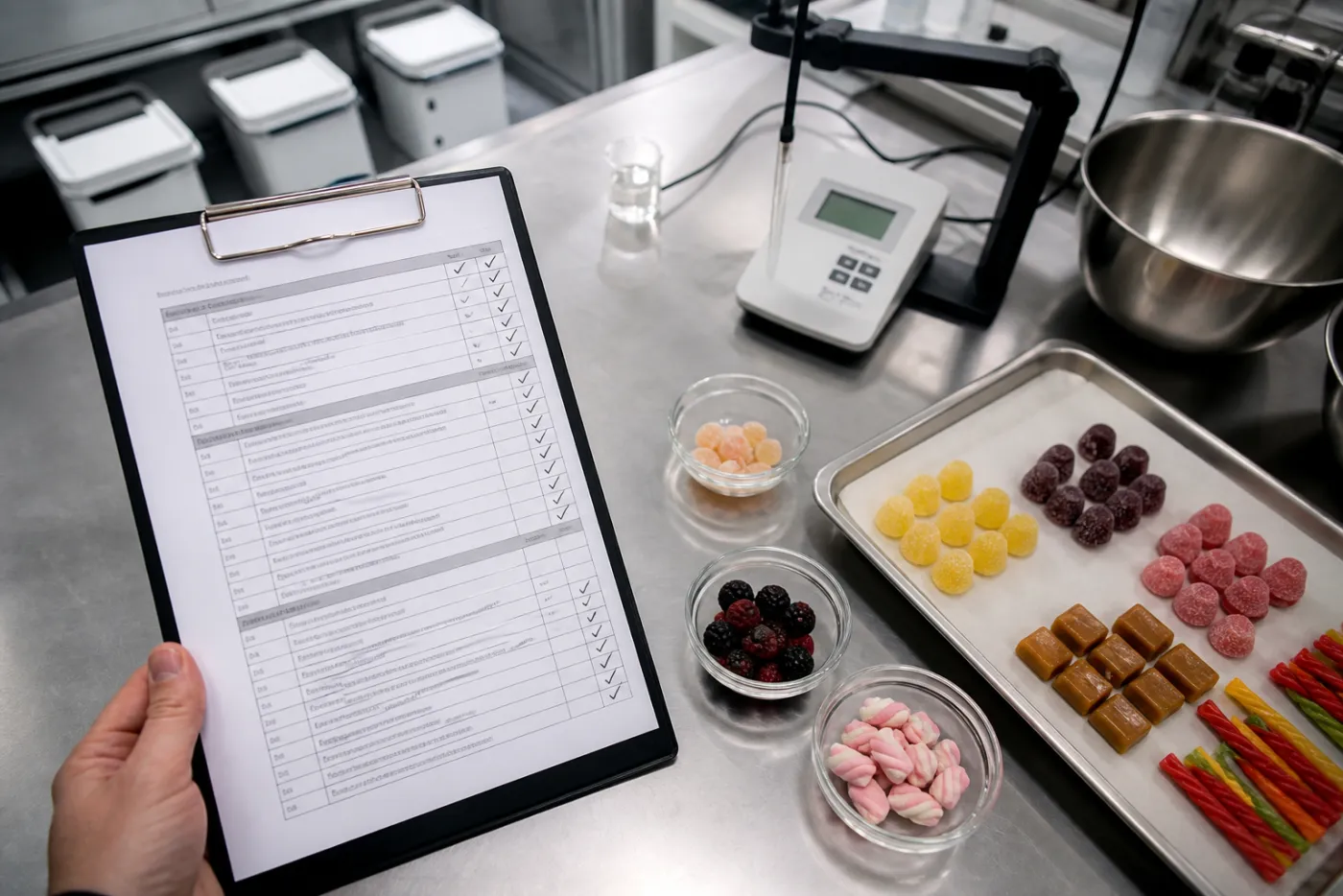 Audit-Checkliste neben Süßwarenproben und pH-Meter im Labor Hamburg