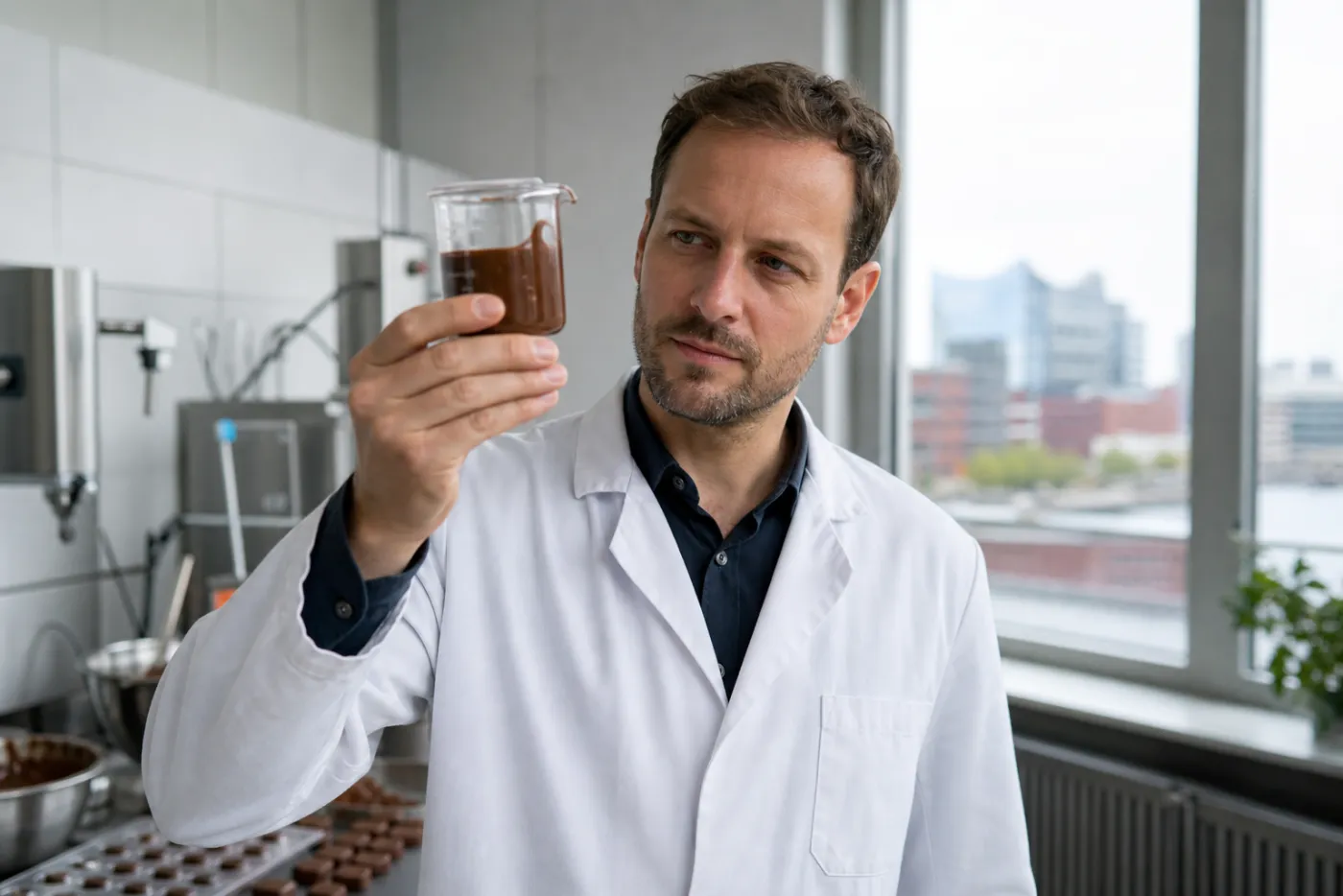 Dr.-Ing. Felix Vogel prüft geschmolzene Schokolade im Süßwaren-Labor in Hamburg