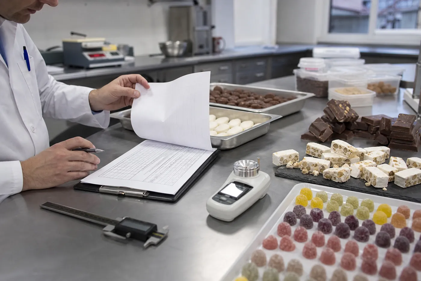 Audit von Süßwaren-Rezepturen mit Proben und Messgeräten im Hamburger Labor